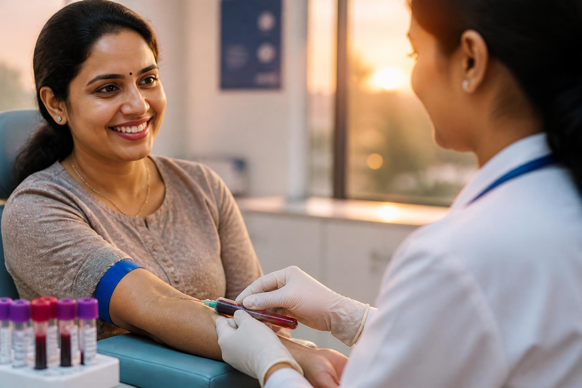 Aryan Diagnostics phlebotomist collecting a blood sample from a patient at home in Lucknow